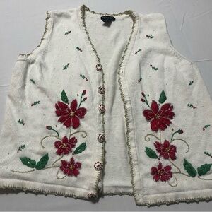 VTG Christmas Reference Point poinsettia Sweater Vest Women's 2X White